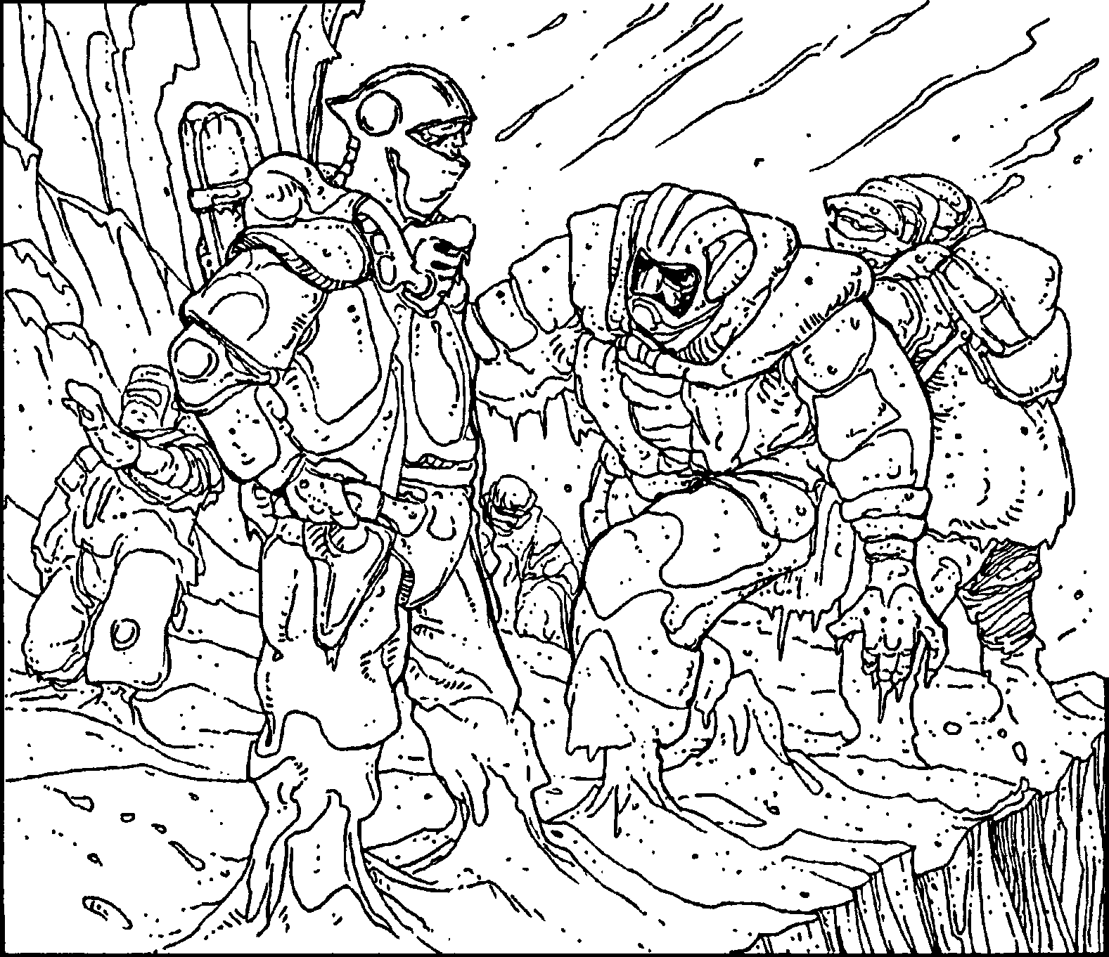 A black and white illustration of figures in sci-fi clothing, partially obscured by snow, apparently frozen in motion